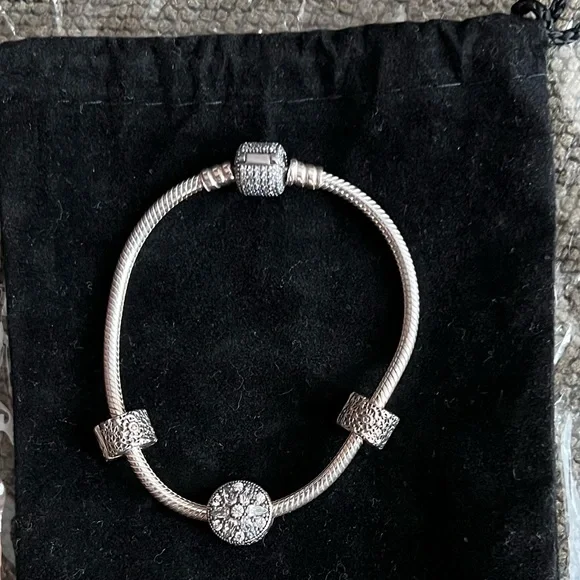 Pandora Bracelet with Charm Set Like new | Mercari 3 charms 2 clips. Silver Pandora bracelet. display picture 1
